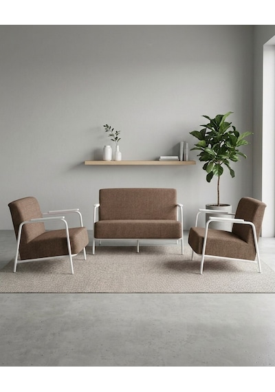 Atlas 2+1+1 Dokuma Kumaş Ofis Cafe Bekleme Koltuk Takımı Beyaz Metal Kahverengi