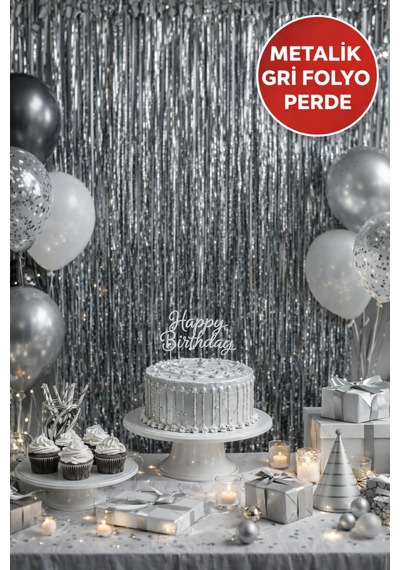 Metalik Gri Parlak Parti Perdesi 100x200 Cm Doğum Günü, Baby Shower, Fotoğraf Arka Fon 100 200