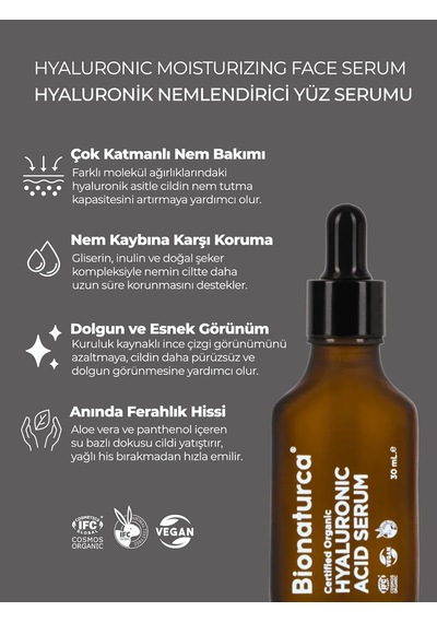 Tr Organik Sertifikalı Hyaluronik Nemlendirici Yüz Serumu 30 M L- Bionaturca