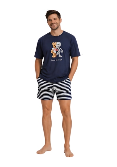 Pijamask Erkek Baskılı Şortlu Pamuklu Yazlık Pijama Takım Lacivert