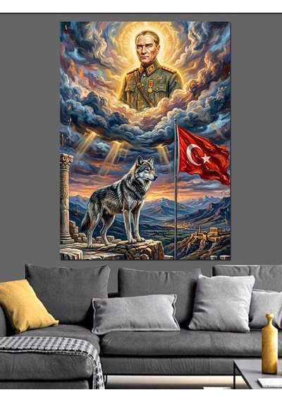 Atatürk'ün Bozkurtla Birlikte Portresi Dekoratif Kanvas - Mdf Ahşap Tablo
