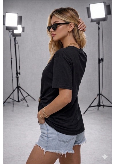 Ribana Kadın Bisiklet Yaka Kısa Kollu Gold Yan Toka Detaylı T-shirt 5035 Siyah
