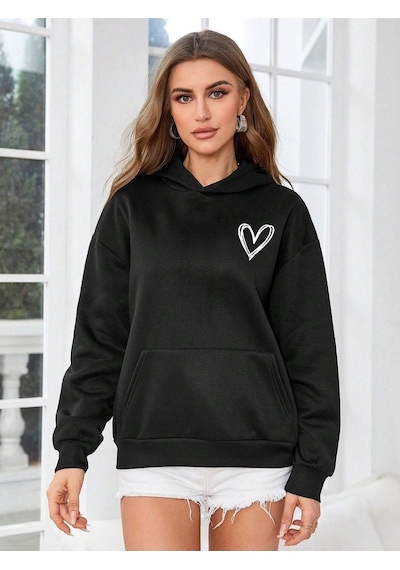 Clayes Kalp Logo Sweatshirt - Siyah Baskılı Oversize Kapüşonlu Siyah
