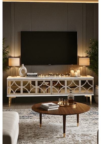 Tsa1236btg - Öztv120 Tv Stand, Tv Sehpası Beyaz - Traverten - Gold 120cm