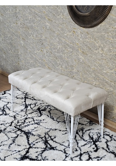 Zafir Beyaz Boyalı Tel Ayaklı 90 Cm Puf Bench - Puf - Bench - Kasalı Oturak - Oturak - Yatak Ucu Puf Krem