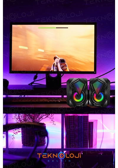 Bilgisayar Hoparlörü Led Işıklı Rgb Laptop Pc Uyumlu 1+1 Speaker