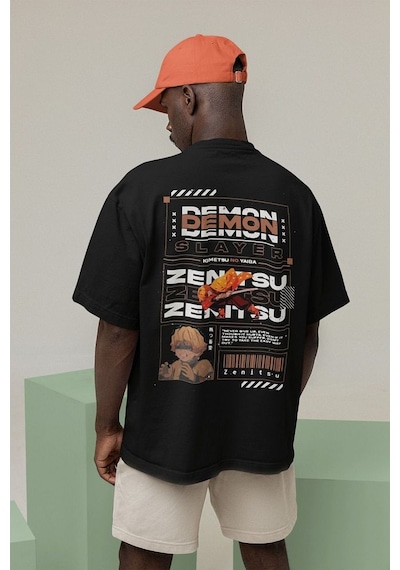 Demon Slayer Baskılı Unisex Oversize Anime Tişört Siyah