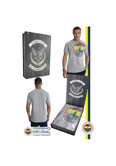 Fenerium Fenerbahçe Orijinal Lisanslı 6 Renk Logo Gri Tribün T-shirt Hediyelik Ahşap Kutulu Gri