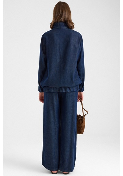 Olcay Büzgü Detaylı Soft Denim Ceket Pantolon İkili Takım Lacivert 9472-tk