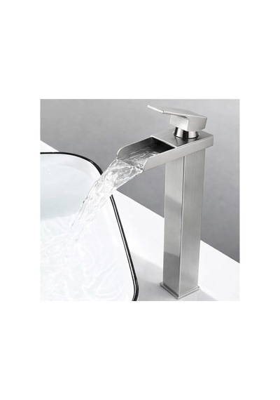 Rena Design Inox Çanak Lavabo Bataryasi Şelale Çikiş Yüksek Havza Model Uzun Çift Giriş Musluk Banyo Mat Gri
