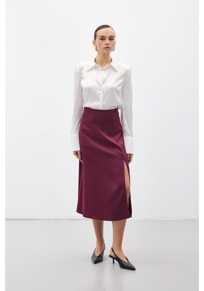 Sateen Yırtmaçlı Saten Etek - Mürdüm-136724 Mürdüm