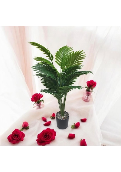 Yapay Ağaç Salon Bitkisi Areka Palmiye Krem Saksıda 80cm 18 Yaprak Plastik Yeşil