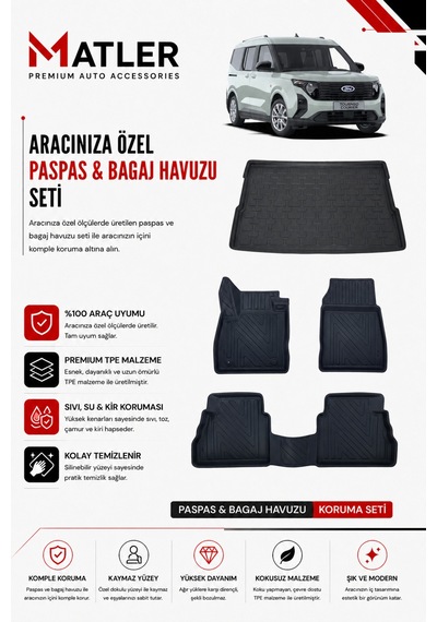 Ford Courier 2024 Model 4d Ekstra Havuzlu Paspas Ve Bagaj Havuzu Set