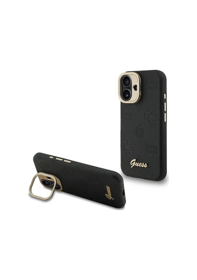 Apple Uyumlu iPhone 16 Kılıf Guess Lisanslı M safe Şarj Özellikli Kamera Standlı Pu Deri Peony Kapak Siyah