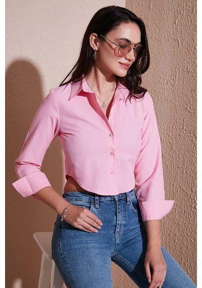 Lela Pamuk Karışımlı Slim Fit Uzun Kollu Crop Bayan Gömlek 6777336 Şeker Pembe