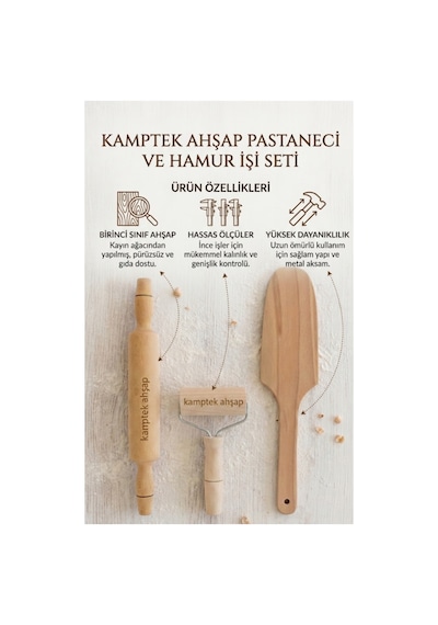 Kamptek Ahşap 3 Lü Mutfak Hazırlık Seti Merdane 35 Cm Rulo Merdane Hamur Çevirme Sptulası