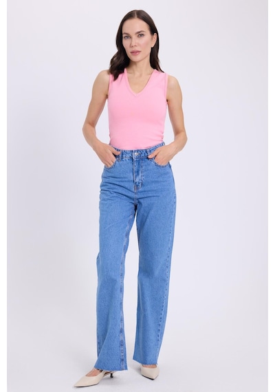 Tudors Kadın Slim Fit Dar Kesim V Yaka Sıfır Kol Pamuklu Ribanalı Pembe Bluz-38837 Pembe