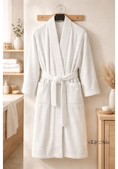 Kimono Yaka Unisex Tek Kişilik Pamuklu Banyo Bornozu Comfort Beyaz
