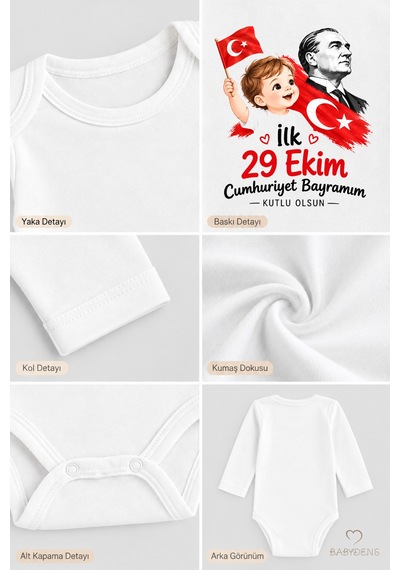 Babyden's İlk 29 Ekim Cumhuriyet Bayramım Baskılı Bebek Çıtçıtlı Body Uzun Kollu %100 Pamuk Unisex Zıbın Badi Beyaz - Kırmızı