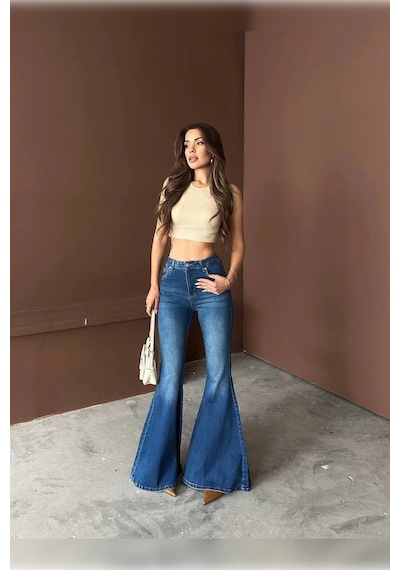 Extra Geniş Paça Yüksek Bel Likralı İspanyol Jeans Çok Renkli Extra Geniş Paça Yüksek Bel Likralı İspanyol Jeans Çok Renkli