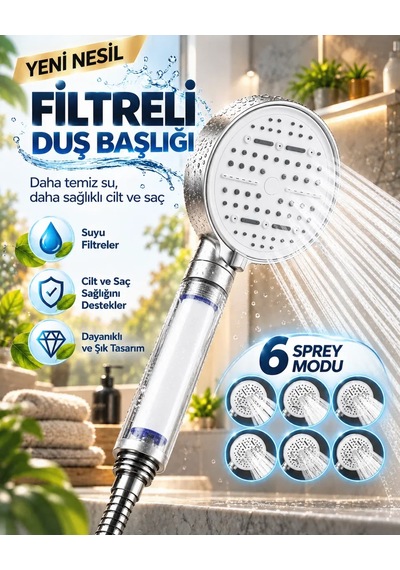 6 Sprey Modlu Filtreli Duş Başlığı Büyük Su Paneli Silikon Nozullu Beyaz Modern Tasarım Diğer