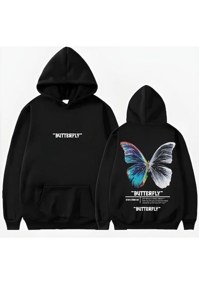 Startmore Kelebek Baskılı Kapişonlu Sweat Siyah