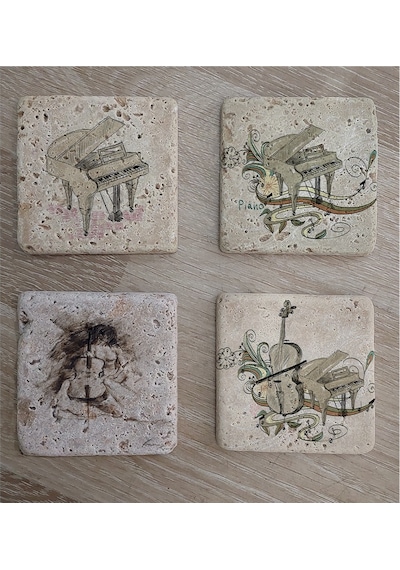 Müzik Aletleri Doğal Taş Bardak Altlığı 4'lü Set - Natural Stone Coasters - Taş Beyaz