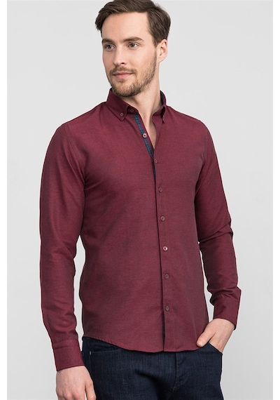 Tudors Slim Fit Dar Kesim Uzun Kol Poplin Oxford Erkek Gömlek-12623 Bordo
