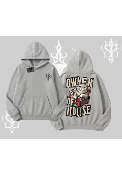 Startmore The Owner Of House Kedi Arka Baskılı Kapşonlu Sweatshirt Gri