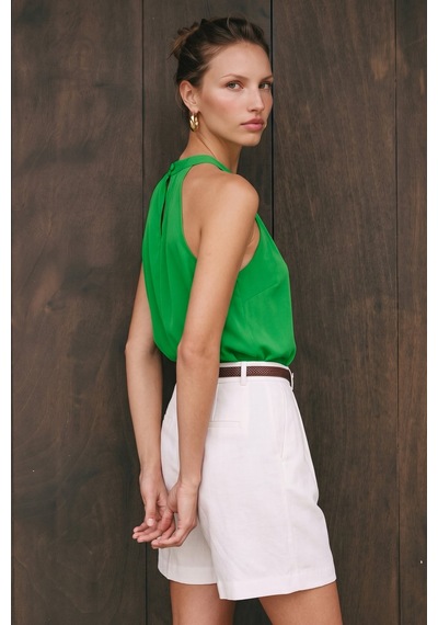 Sateen Halter Yaka Bluz - Yeşil-137729