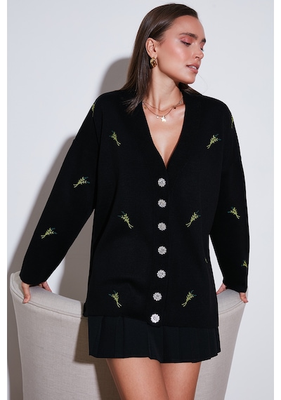 Lela Oversize Fit Desenli V Yaka Triko Bayan Hırka 4616193 Siyah