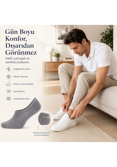 Erkek Bambu 6 Lı Babet Çorap Görünmez No Show Dikişsiz Silikon Topuklu Gri