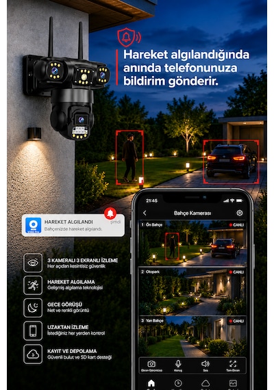 3 Kameralı 4g Sim Kartlı Adaptörlü Gece Görüşlü Hareket Takipli Güvenlik Kamerası