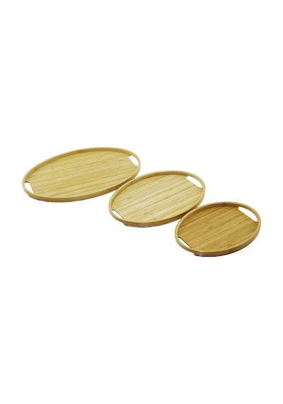 Oval - 3 Boy Bambu Ahşap Tepsi Seti 20x29--26x36--31x45cm Çok Renkli