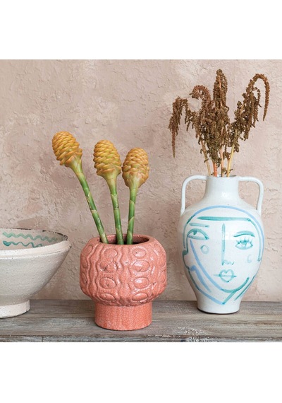El Yapımı Soyut Yüz Terracotta Vazo Çok Renkli
