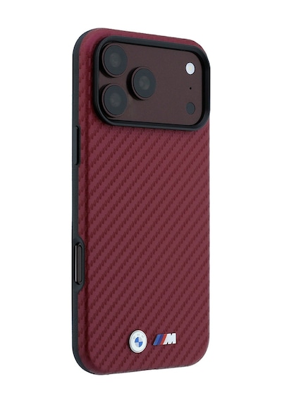 Apple iPhone Uyumlu 18 Pro Kılıf Bmw Lisanslı M-safe Özellikli Pu Karbon Tasarımlı Metal Logolu Kapak Bordo