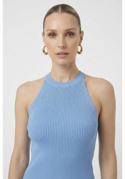 Neden Tekstil Kadın Taşlı Fitilli Halter Yaka Crop Bluz - Mavi