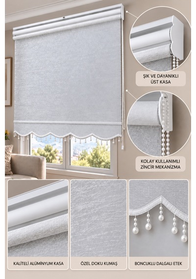 Çift Mekanizmalı Boncuklu Tül Ve Stor Perde Dantel15 Beyaz - 890923483 Beyaz