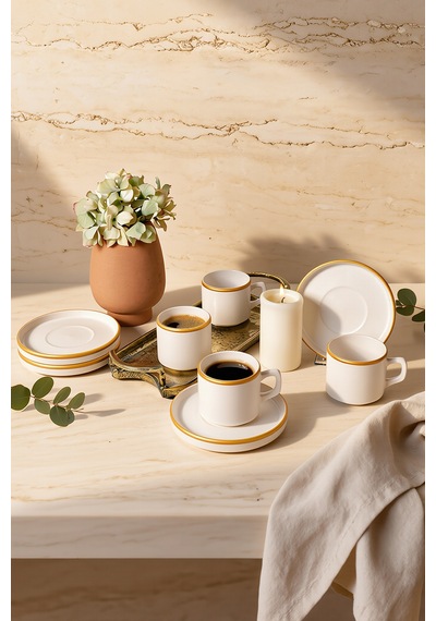 Keramika Mat Beyaz Gold Fileli Stackable Çay Takımı 8 Parça 4 Kişilik