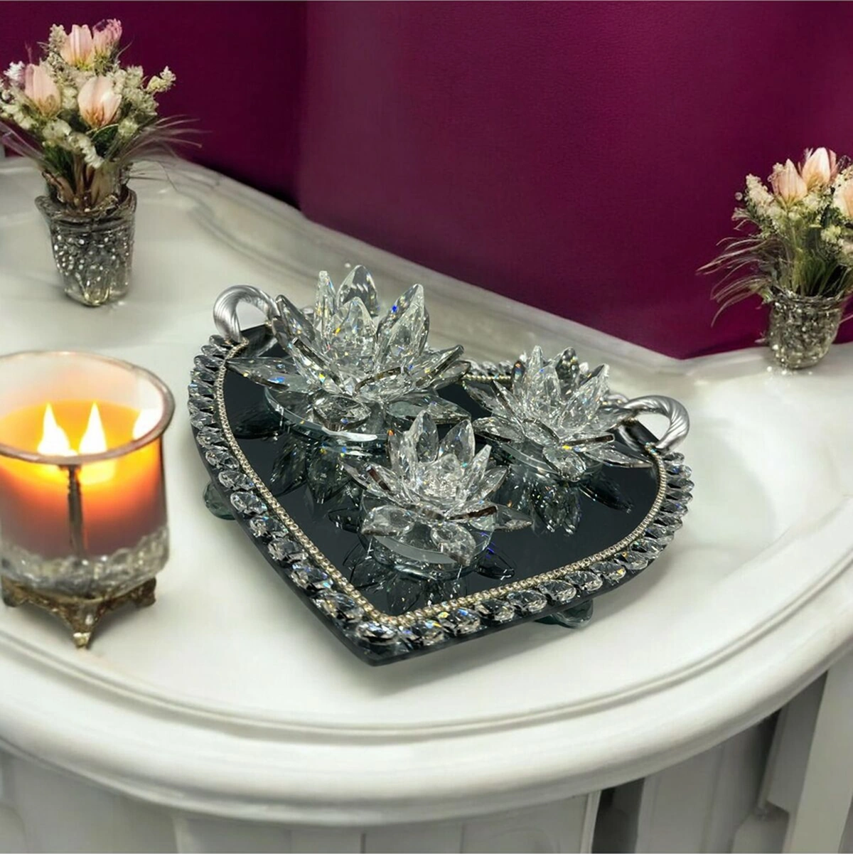 Dekoratif Kristal Cam Dörtlü Kalp Tepsi Lotus Mumluk Seti Gümüş