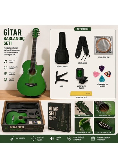 Valares 38c Kesik Kasa Yeşil Akustik Gitar 38 İnç 4/4 Yetişkin Üst Segment Full Setli Askı + Capo + Tuner + Pena + Tel + Temizleme Bezi