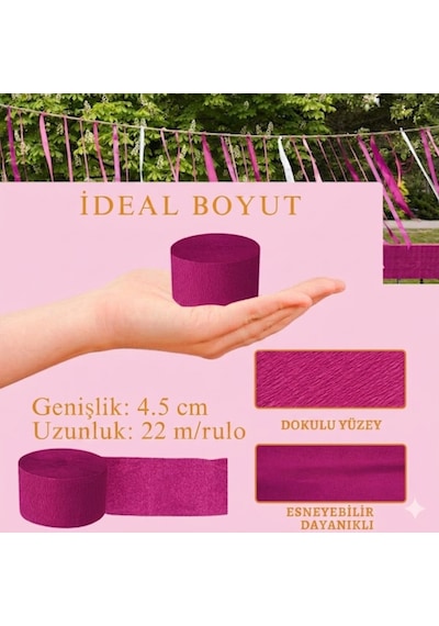 Fuşya Şerit Krapon Kağıdı Rulosu, Çiçek Yapım, Parti, El İşi Süsleme Kağıdı, 6 Adet, 4.5cm X 22metre