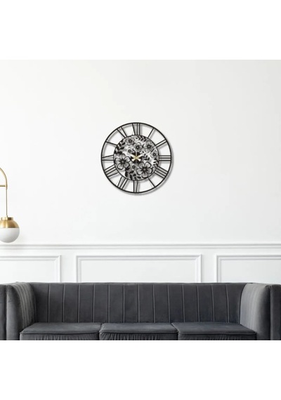 Metal Duvar Saati Flora Temalı Dekoratif Saat Siyah-52 X 52