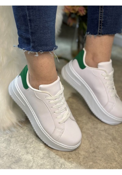 Günlük Kadın Sneaker Bağcıklı Hafif Kalın Yüksek Tabanlı Leopar Detaylı Yürüyüş Spor Ayakkabı 065 Beyaz Yeşil