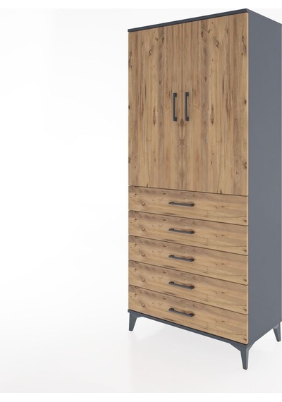 Hyperion Dolap Tek Raflı 5 Çekmeceli Tek Askılı 88x44x195 Antrasit-çam Antrasit