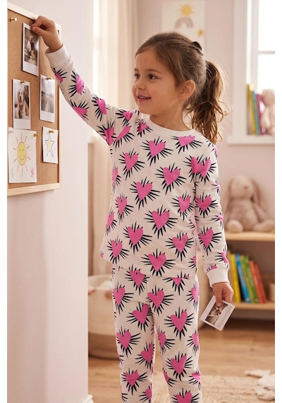 Zuzunga Kız Çocuk Pembe Kalp Desenli Uzun Kollu Pijama Takımı Beyaz-pembe