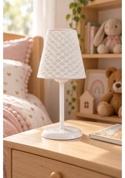 Şenay Aydınlatma Metal Ayaklı Konik PVC Abajur Masa Lambası 14 cm Beyaz File