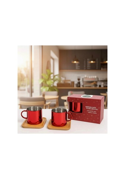 Aynalı Borosilikat Cam Türk Kahvesi Fincan Seti,kırmızı,2x125ml Bambu Tabaklı, Isıya Dayanıklı Kırmızı