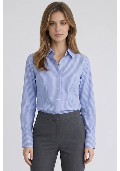 Tudors Kadın Slim Fit Dar Kesim Pamuklu Uzun Kollu Çizgili Mavi Kadın Gömlek-51527