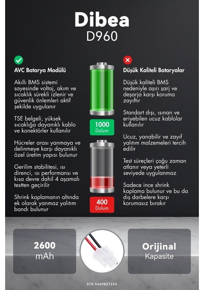 Dibea D960 2600mah Robot Süpürge Bataryası M.ö